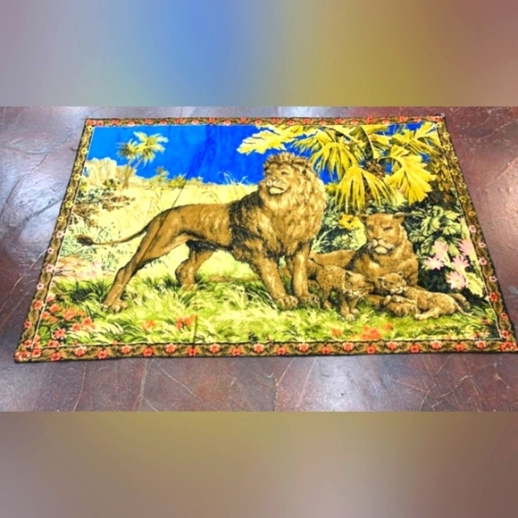 Vintage Wall Art Tapestry Lions Cub Jungle Huge Velvet 68.5 x 48 Gorgeous! - Picture 2 of 4